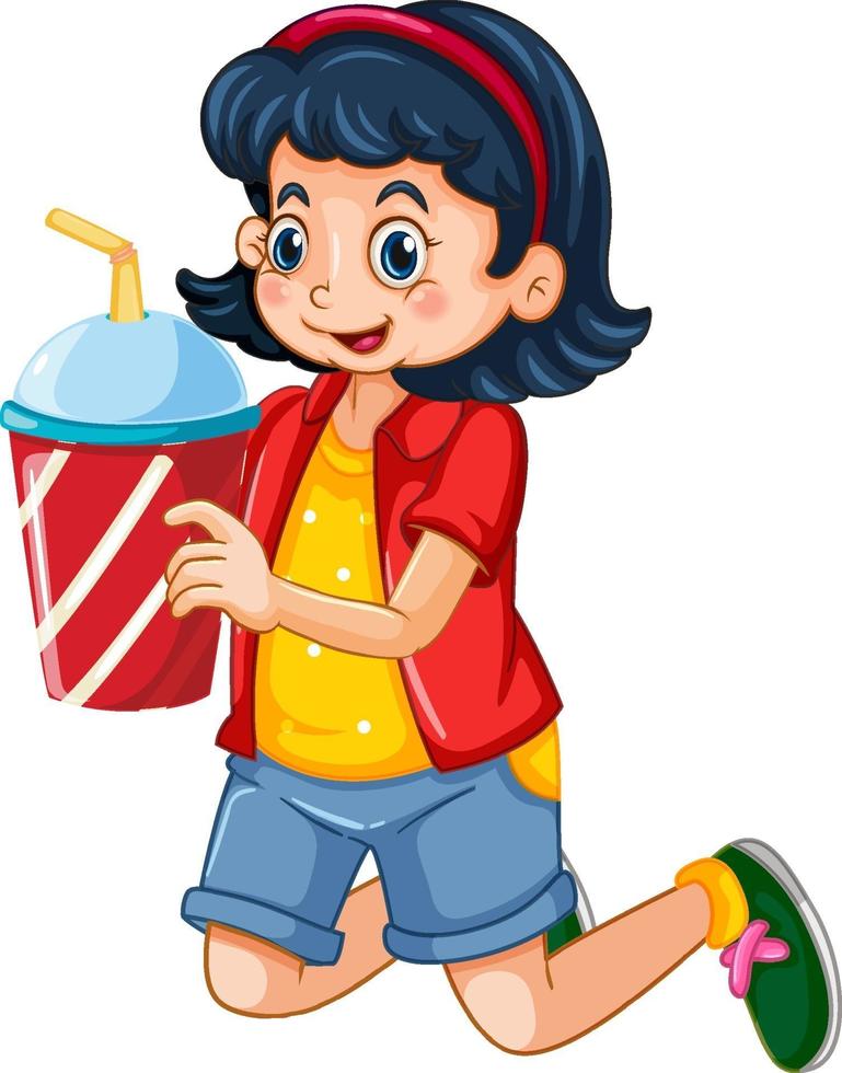personagem de desenho animado de garota feliz segurando um copo plástico de bebida vetor