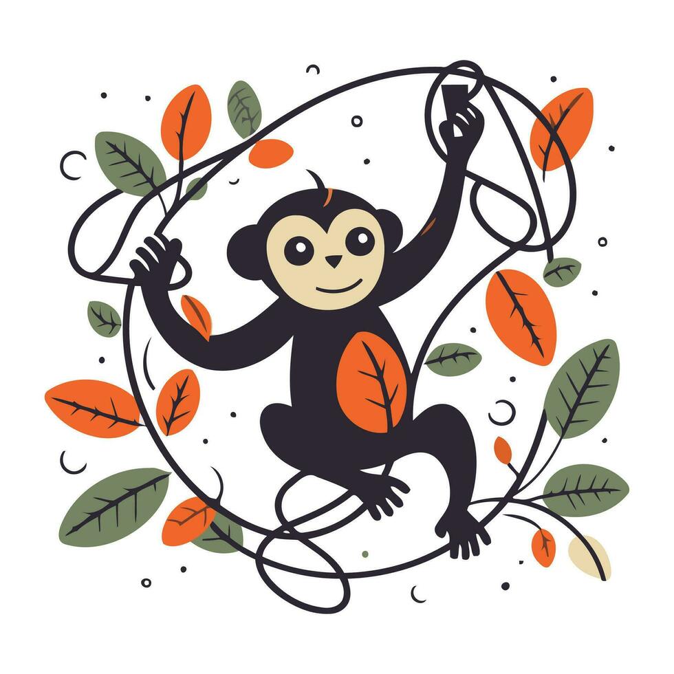 fofa macaco com folhas. vetor ilustração dentro rabisco estilo.