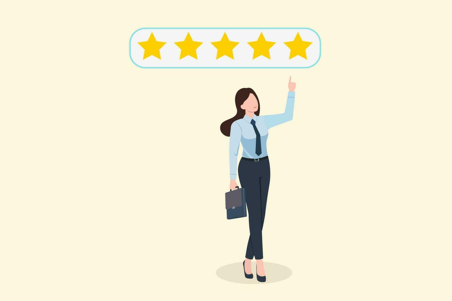 cliente serviço e satisfação, o negócio mulher mão mostrando em cinco estrela, ,negócios mulher dando comentários satisfação, cinco estrelas positivo análise. o negócio vetor ilustração.