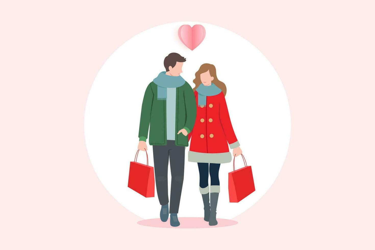 jovem casal caminhando juntos com compras bolsas. pessoas comprando presente dentro Natal dia, Natal moda, vetor ilustração.