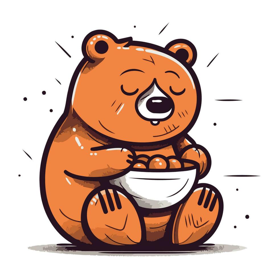 fofa desenho animado Urso sentado com tigela do Comida. vetor ilustração.