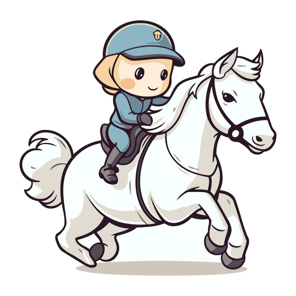 fofa pequeno Garoto equitação uma branco cavalo. desenho animado vetor ilustração.