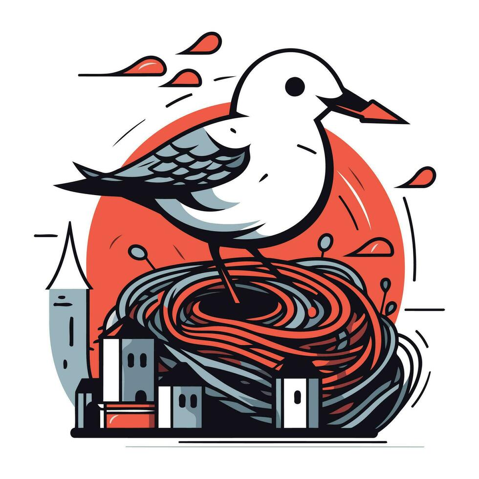 vetor ilustração do gaivota em uma corda sobre a cidade.