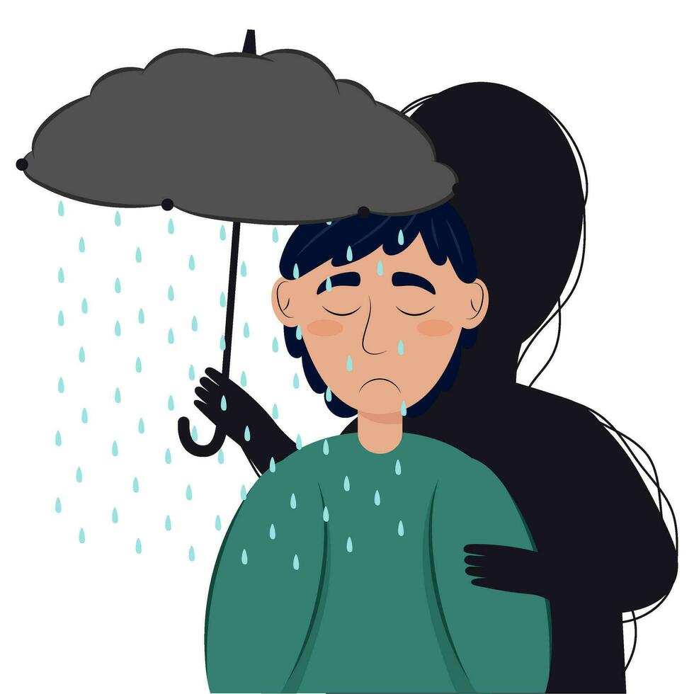 depressão, psicológico estado. uma Preto silhueta acima uma jovem homem detém a guarda-chuva dentro a Formato do uma cinzento nuvem a partir de que isto chuvas. vetor