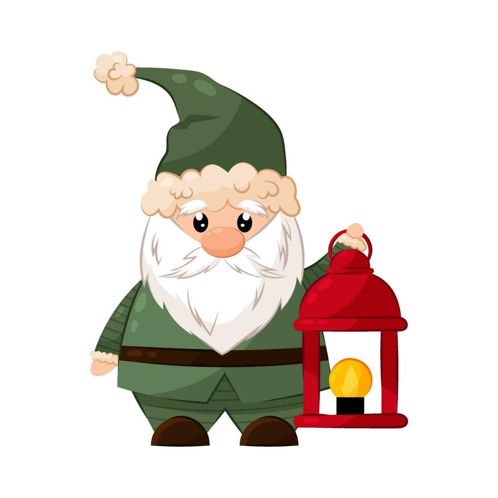 gnomo com uma vermelho lanterna dentro plano estilo. vetor ilustração do uma gnomo dentro uma verde terno em uma branco fundo. Natal personagem, decoração, impressão