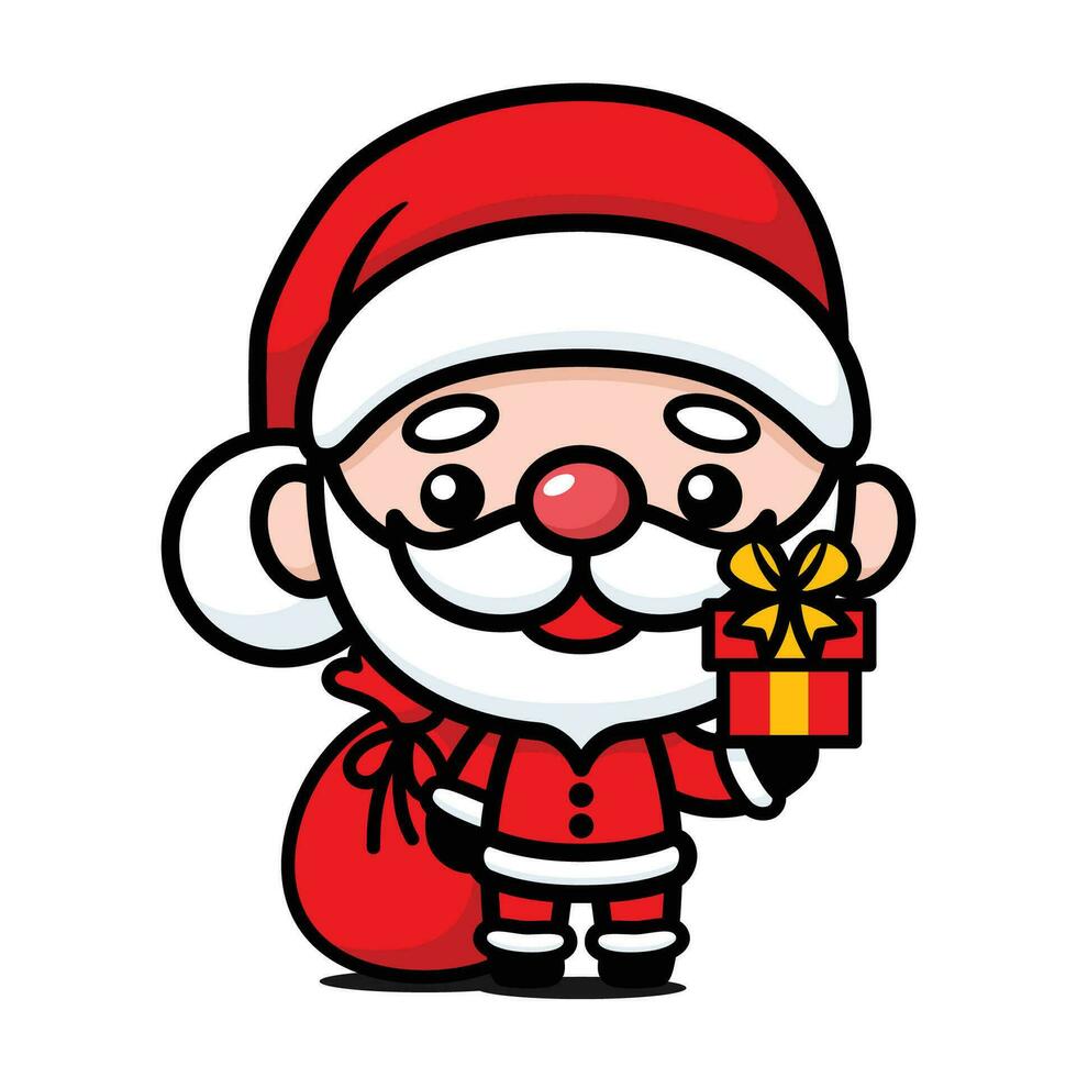 fofa e kawaii Natal santa claus com saco e presente caixa vetor