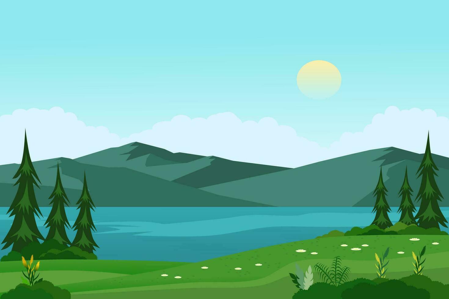 montanha lago panorama vetor ilustração com verde prados e árvores dentro a manhã.