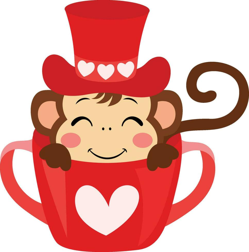 adorável macaco com vermelho chapéu dentro a vermelho xícara de chá vetor