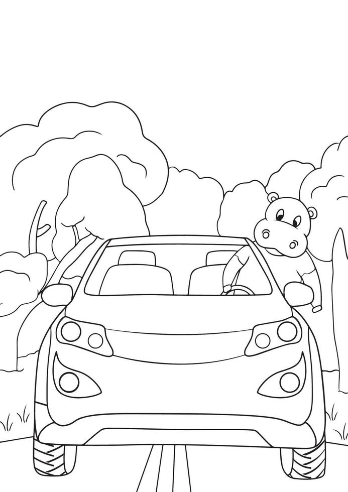 páginas para colorir - animais fofos com ilustração de carro para crianças. vetor