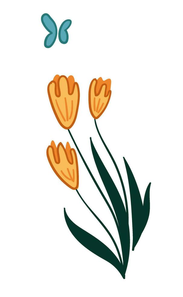tulipas com folhas e vôo borboleta, natureza vetor