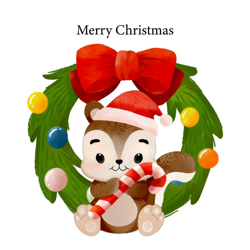 alegre Natal com aguarela fofa esquilo vestindo santa chapéu segurando doce bengala e sentado frente do Natal guirlanda vetor