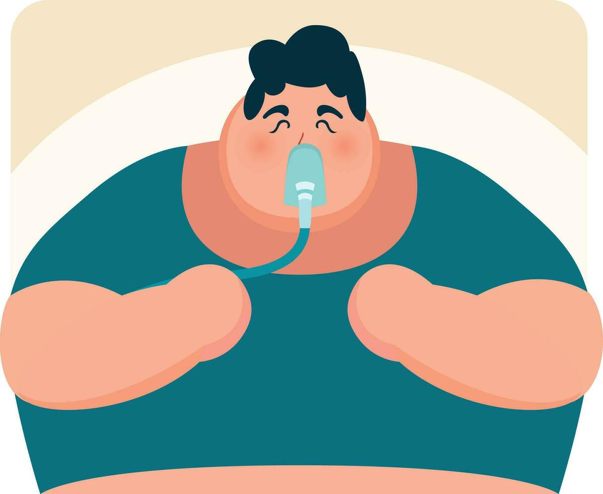 obesidade hipoventilação síndrome, a obeso pessoa em oxigênio dentro unidade de Terapia Intensiva plano estilo vetor ilustração, obeso pessoa em uma cama com uma respiração dispositivo estoque vetor imagem