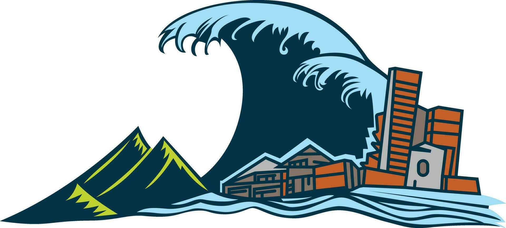 tsunami composição representando uma natural desastre vetor ilustração, tsunami batendo a terra e destruindo urbano cidade estoque vetor imagem