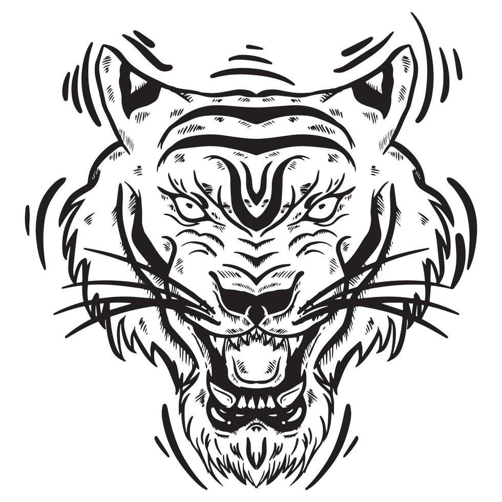 ilustração a preto e branco de cabeça de tigre zangado vetor