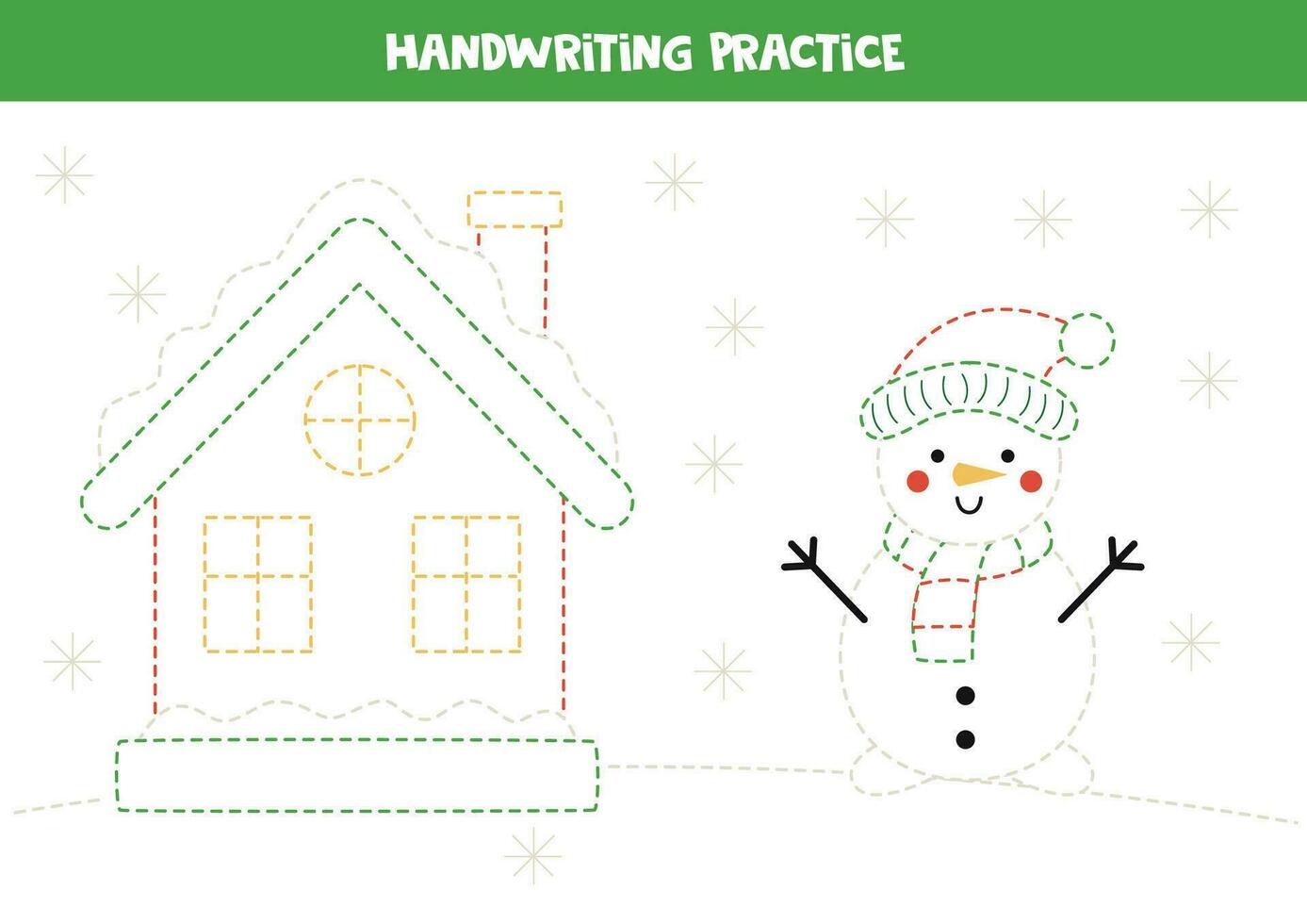 rastreamento linhas para crianças com fofa inverno casa e boneco de neve. escrevendo prática. vetor