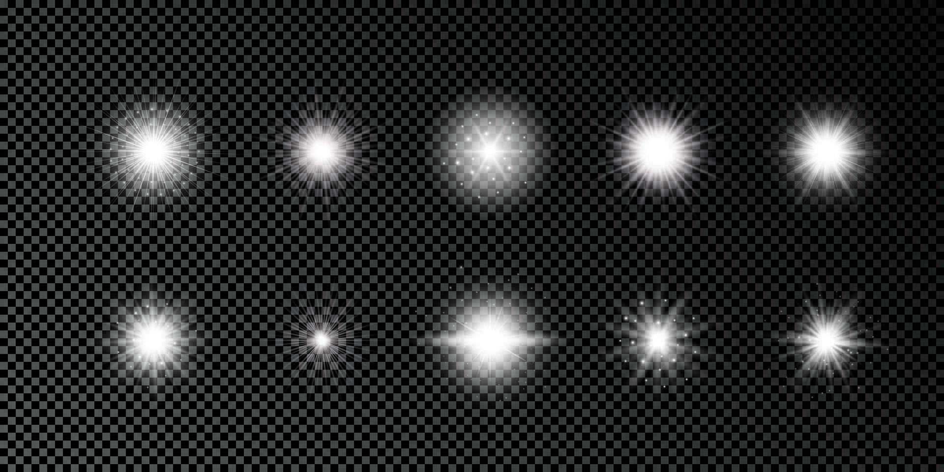 luz efeito do lente chamas. conjunto do dez branco brilhando luzes starburst efeitos com brilhos em uma Sombrio fundo. vetor ilustração