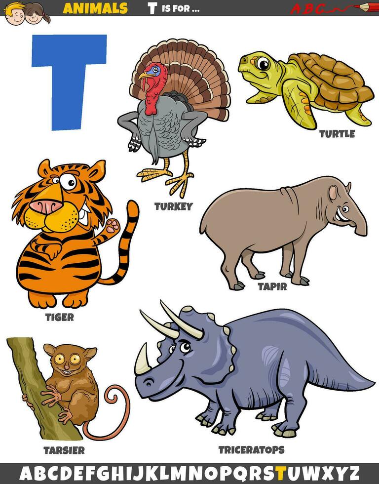desenho animado animal personagens para carta t educacional conjunto vetor