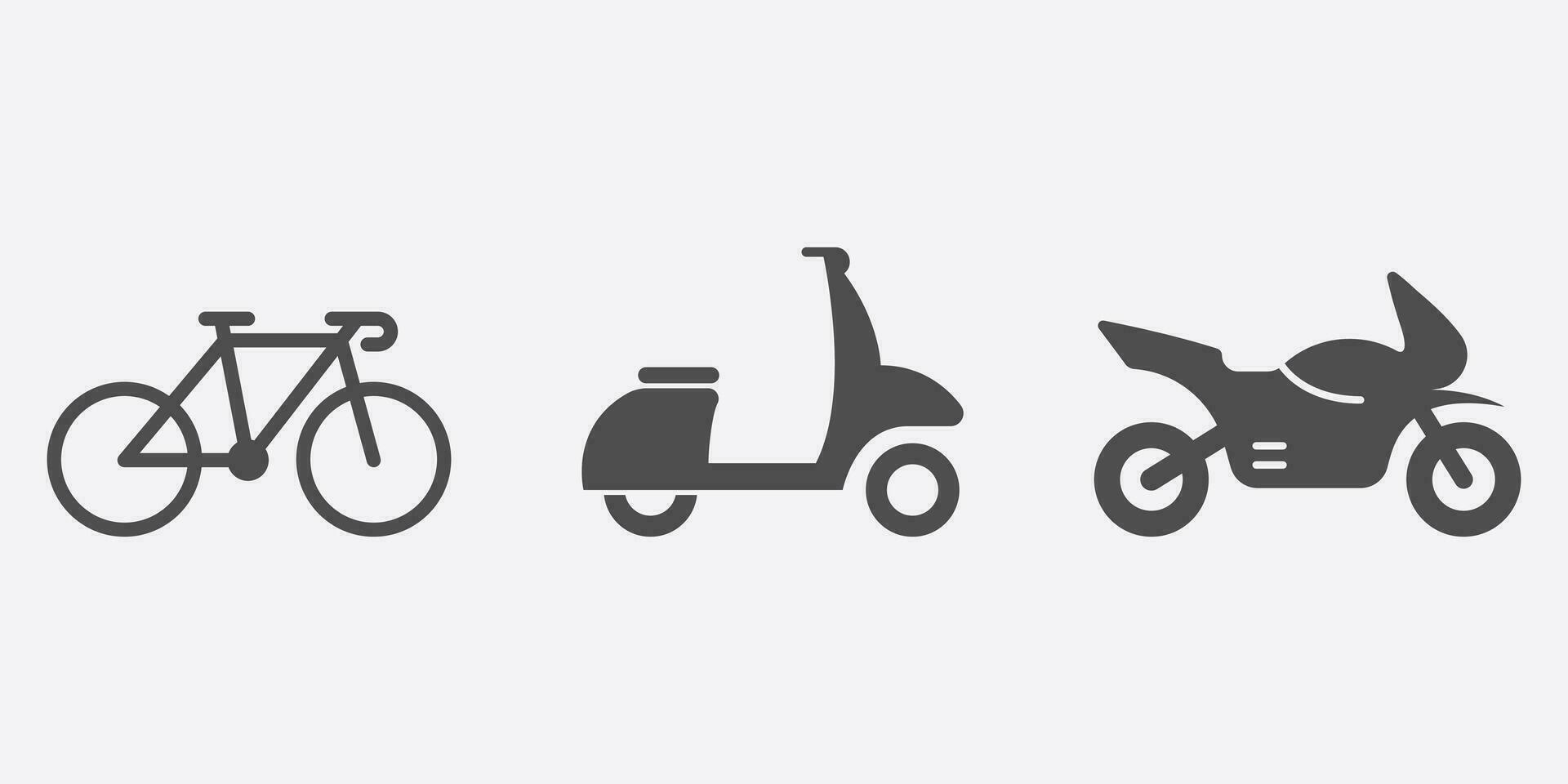 moto, bicicleta, ciclomotor, lambreta silhueta ícone definir. Entrega serviço transporte glifo pictograma. estrada tráfego sólido placa. motor transporte símbolo coleção. isolado vetor ilustração.