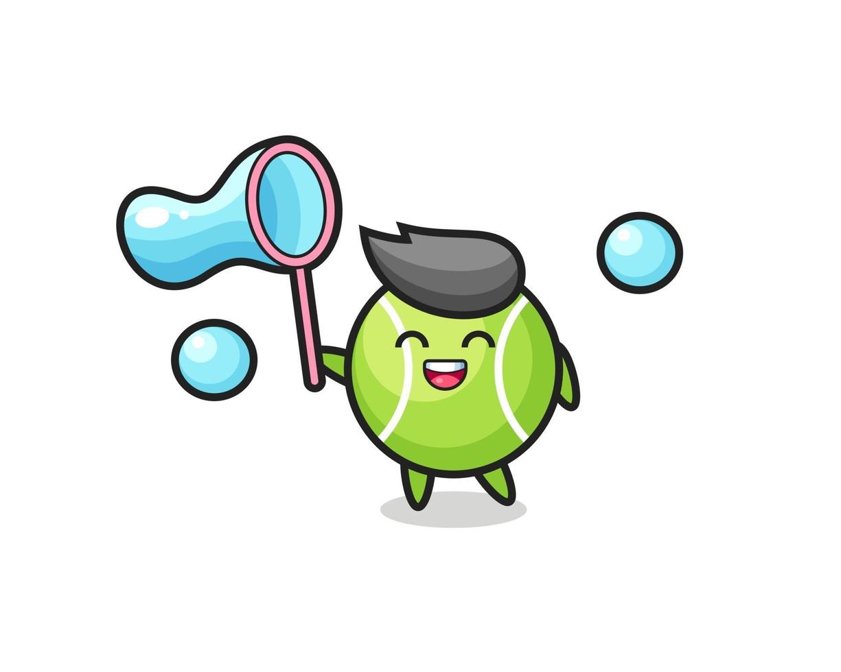 desenho animado de bola de tênis feliz jogando bolha de sabão vetor