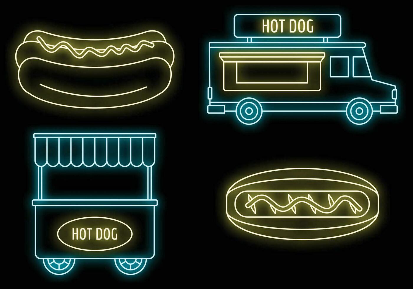 quente cachorro fazer compras carrinho ícone conjunto vetor néon