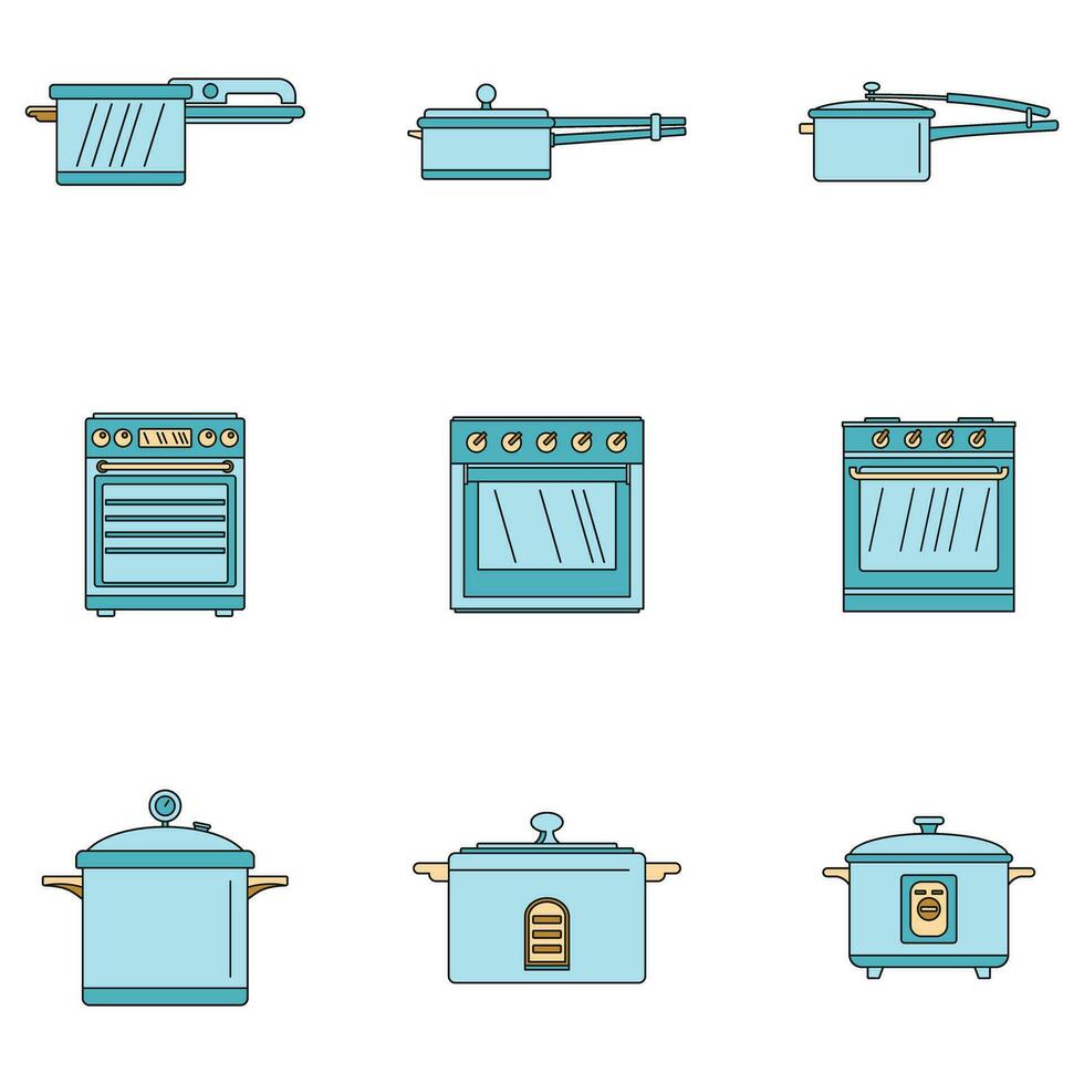 fogão forno fogão panela ícones conjunto vetor cor