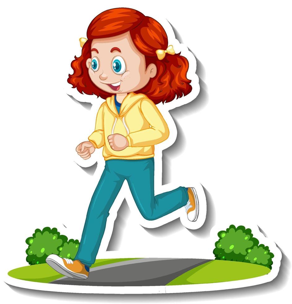 Adesivo de personagem de desenho animado com uma garota correndo no fundo branco vetor