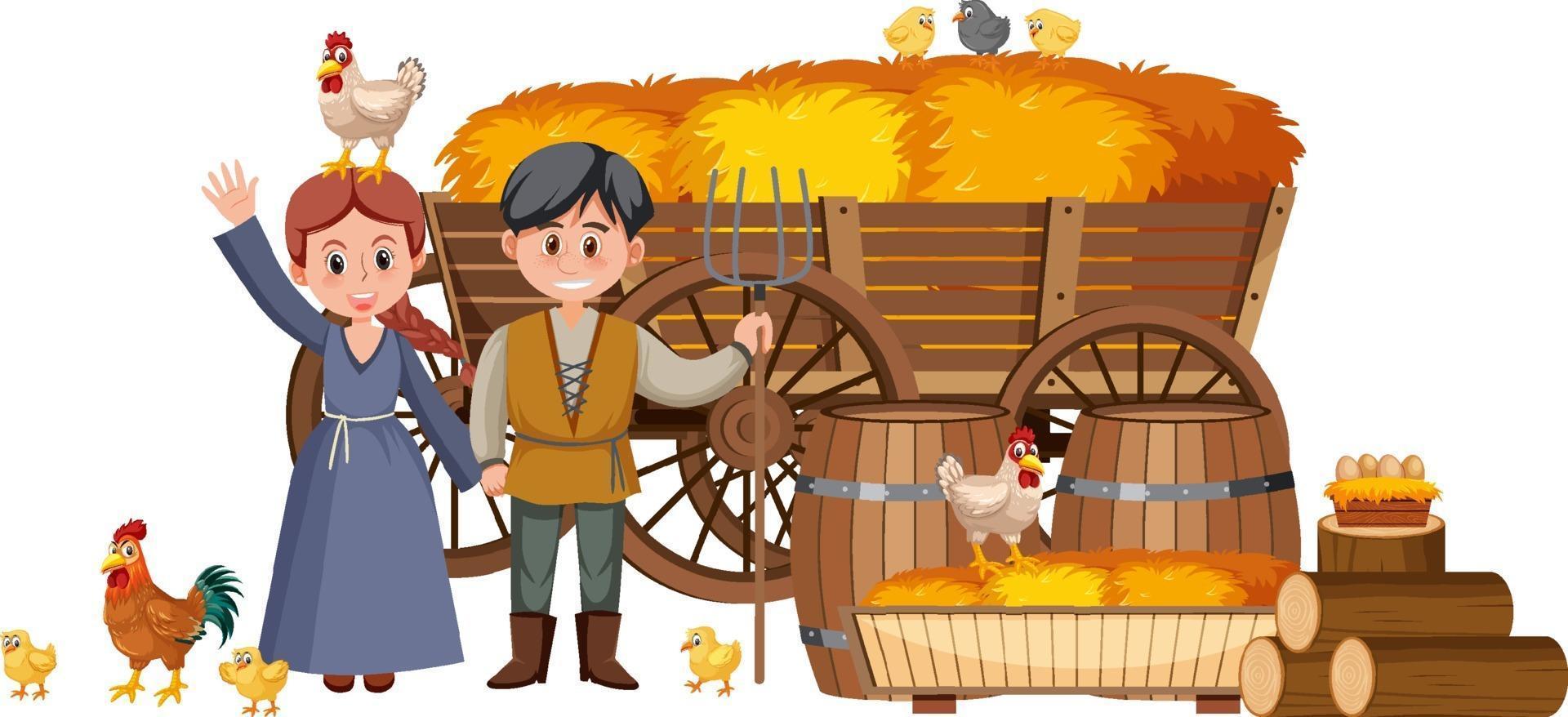 casal camponeses medievais com palheiro em uma carroça vetor