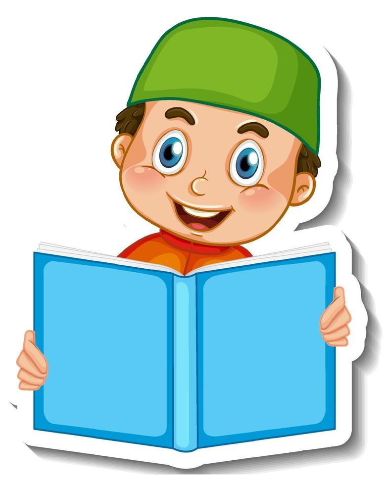 modelo de adesivo com um menino muçulmano lendo livro isolado vetor