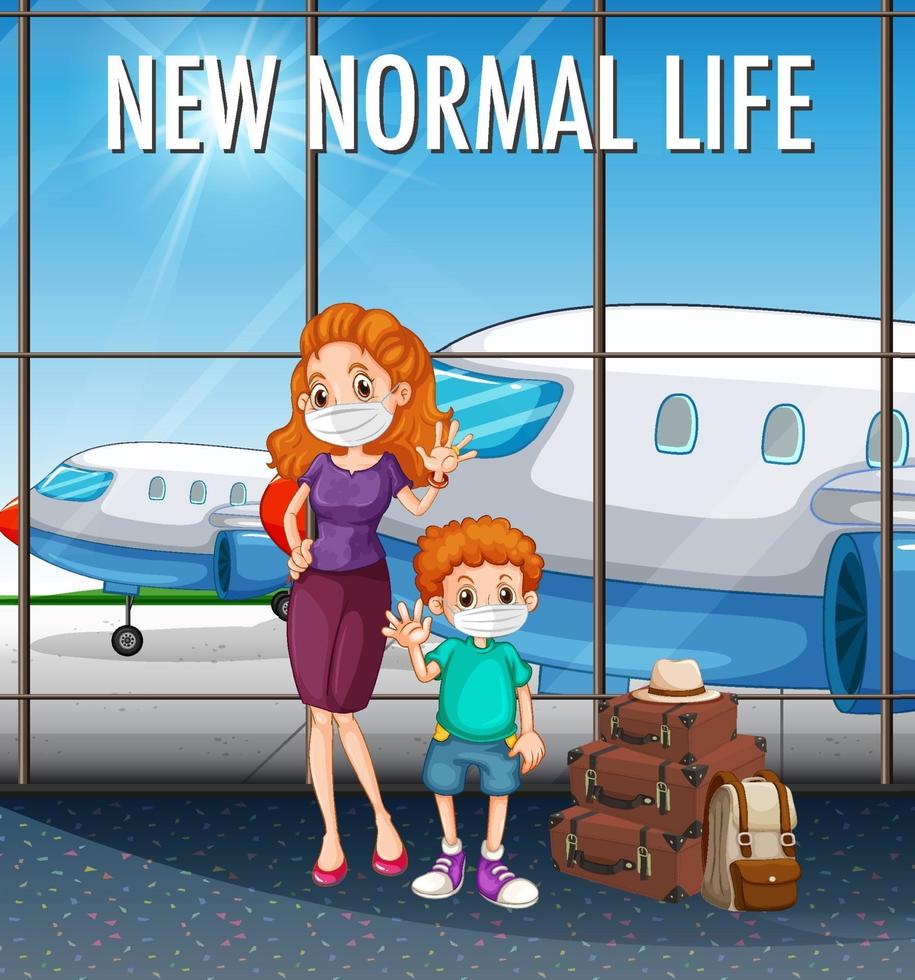 nova vida normal com família feliz pronta para viajar no aeroporto vetor