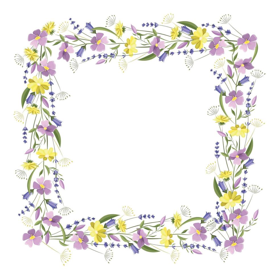 bela moldura quadrada floral com flores silvestres e folhas. vetor