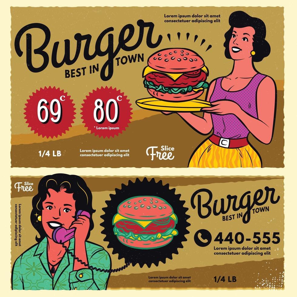 banner de sinal de menu de cartaz de hambúrguer vintage. vetor