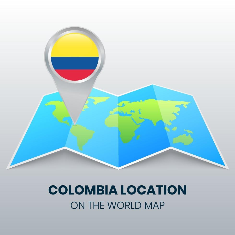 ícone de localização da Colômbia no mapa mundial, ícone de alfinete redondo da Colômbia vetor
