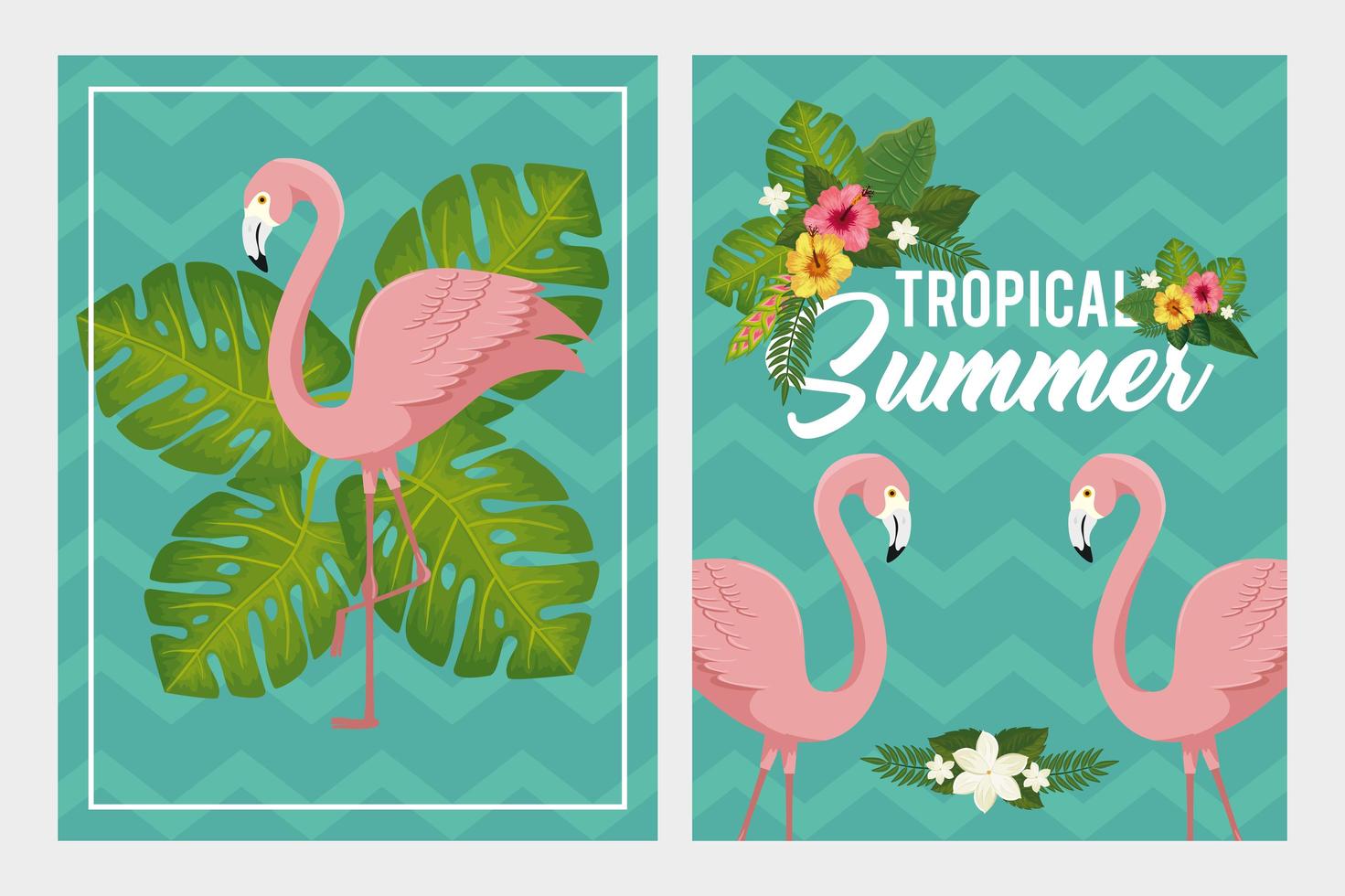 definir cenas de pôster de verão tropical com flamingos e flores vetor