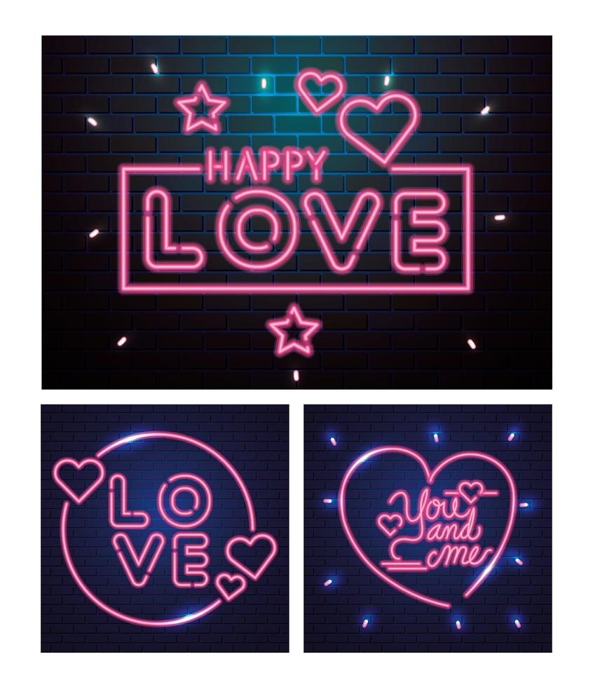 conjunto de letras de luz neon para dia dos namorados vetor