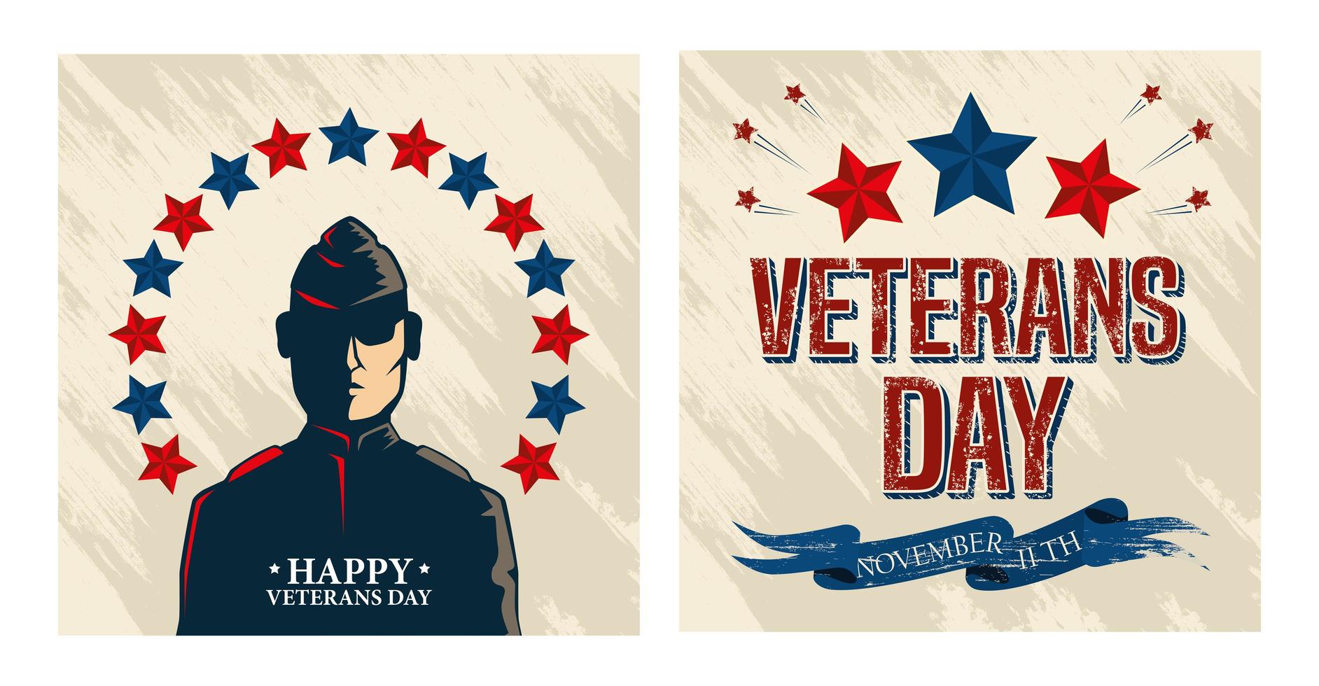feliz comemoração do dia dos veteranos com militares e estrelas vetor
