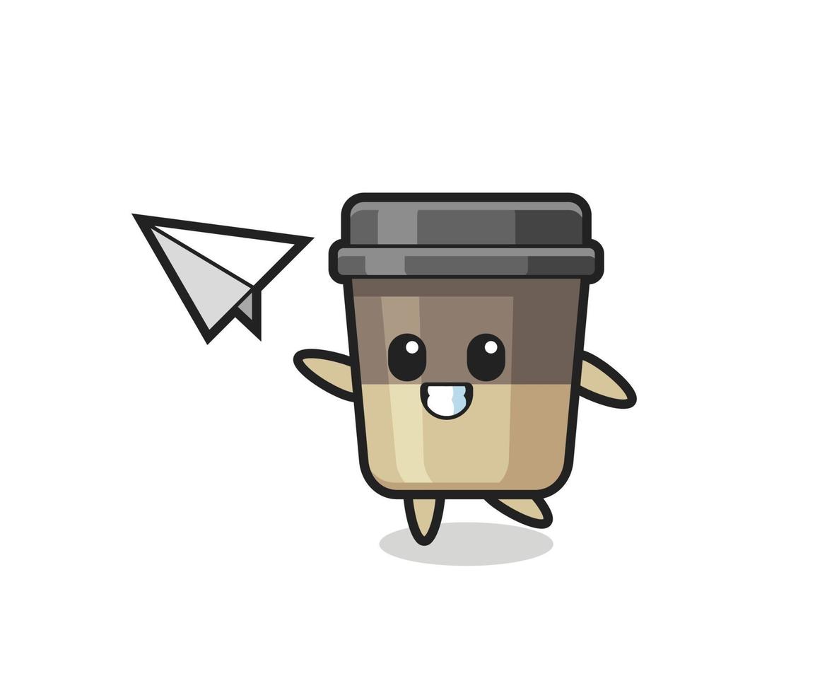 personagem de desenho animado de xícara de café jogando avião de papel vetor