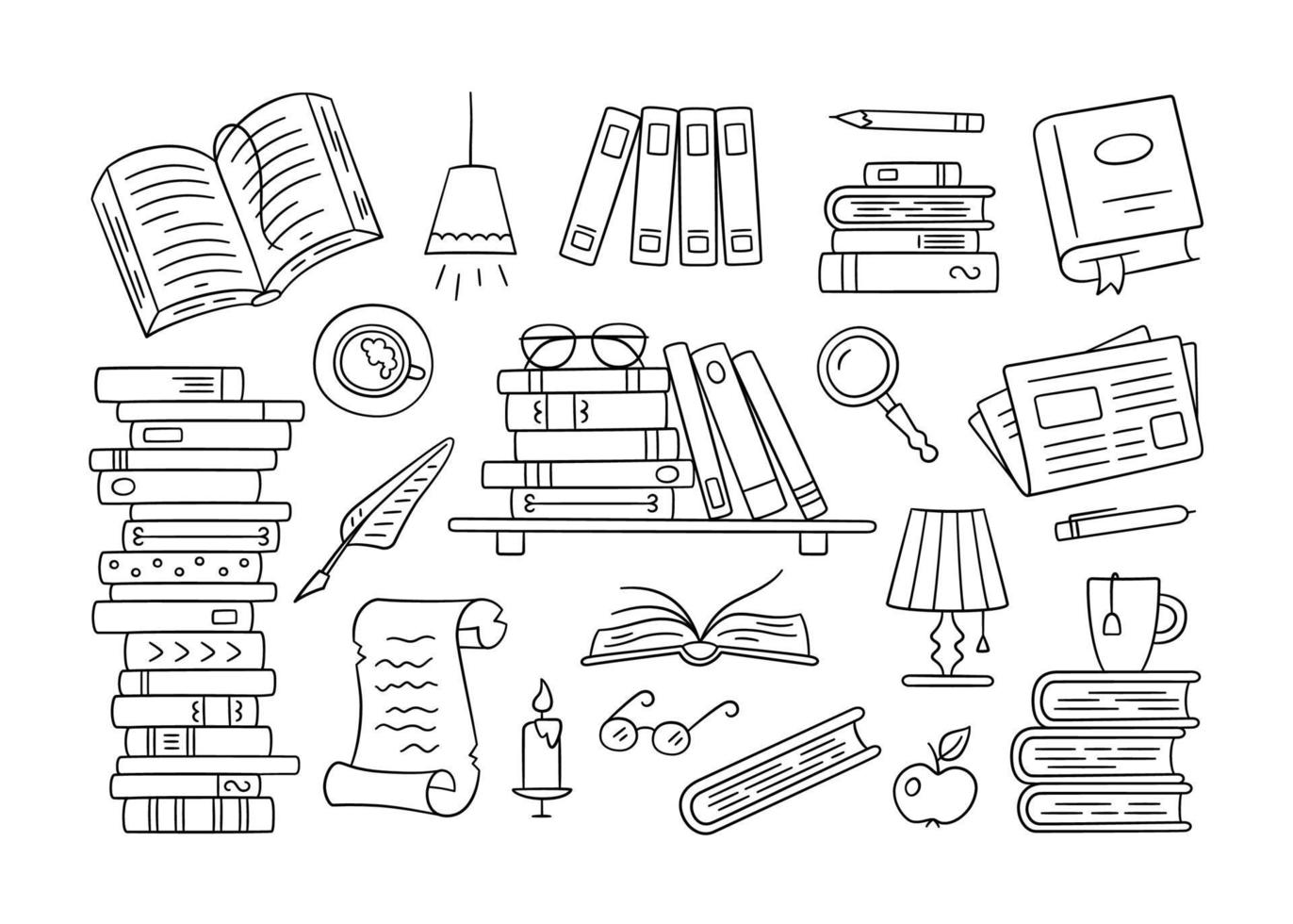 pilhas de livros de papel, biblioteca doméstica, estante em estilo doodle vetor