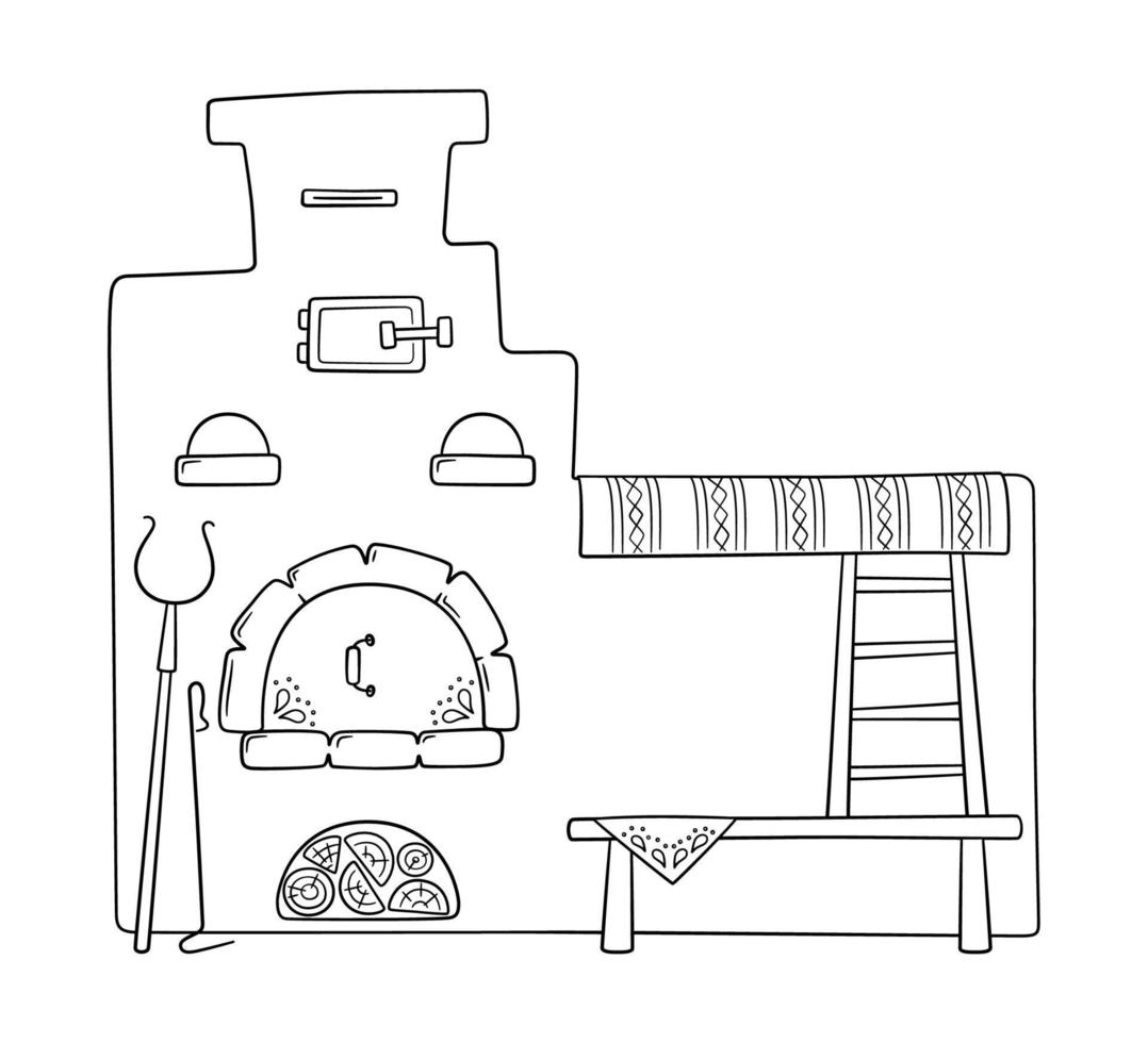 mão desenhada fogão tradicional russo com alça, potes, pôquer vetor