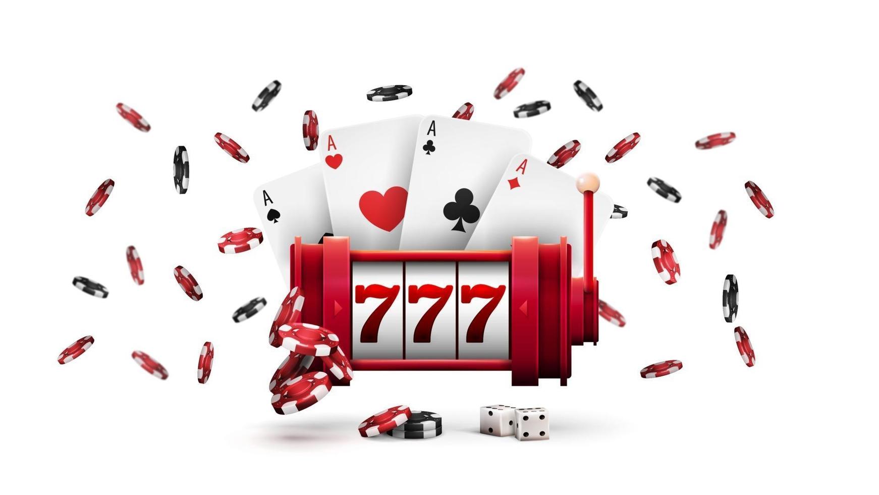 caça-níqueis de cassino vermelho com fichas de pôquer e cartas de jogar vetor