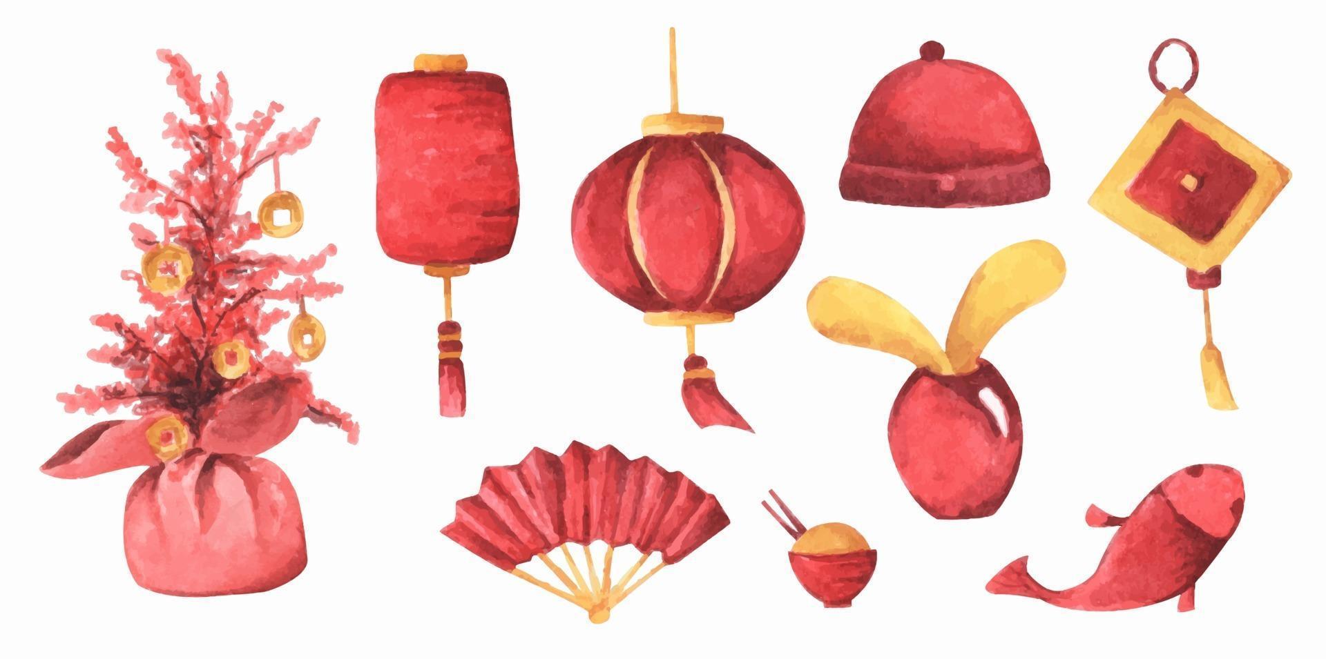 aquarela definida com decoração tradicional chinesa. vetor