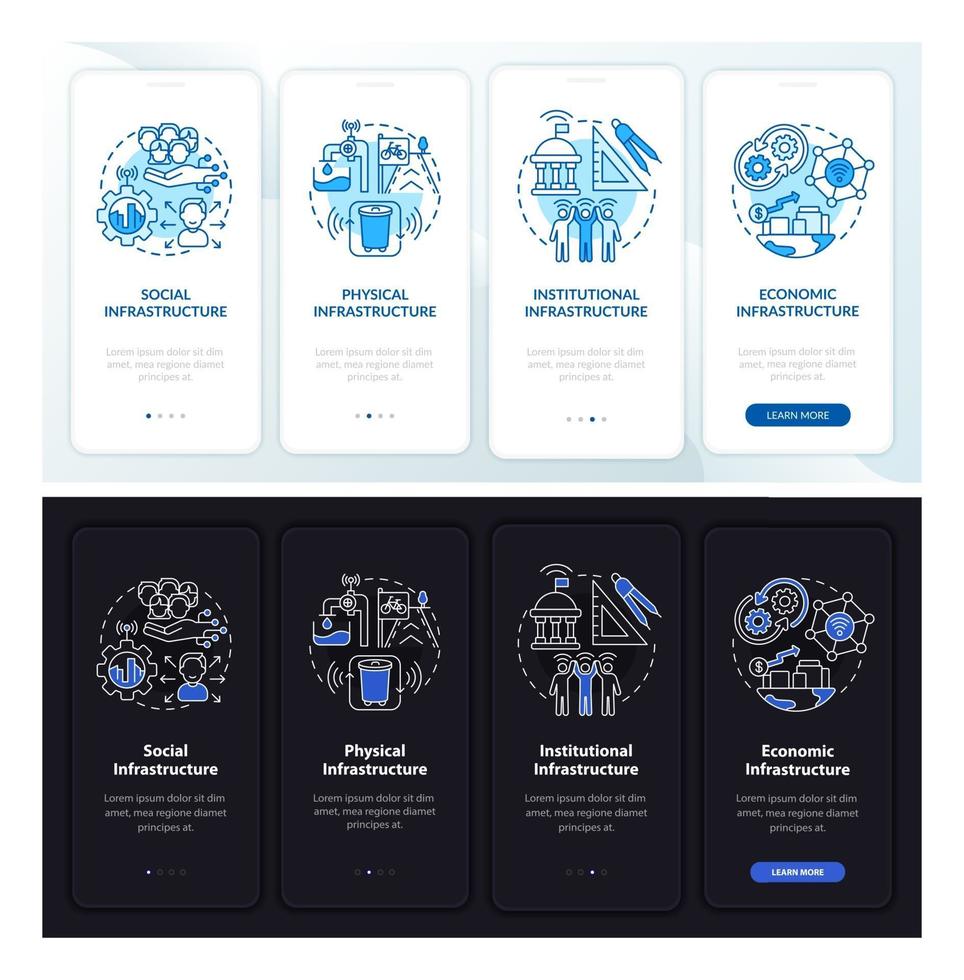 tela da página do aplicativo móvel de integração clara e escura dos pilares da cidade inteligente vetor