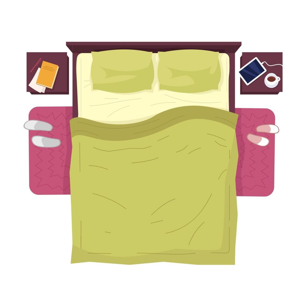 cama com lençóis verdes, vista superior, ilustração vetorial cor semi plana rgb vetor