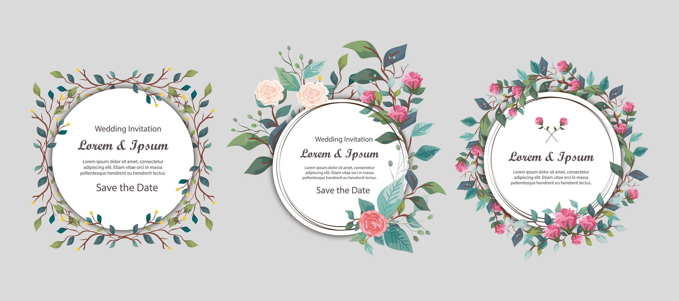 definir cartões de convite de casamento circulares com flores e folhas vetor