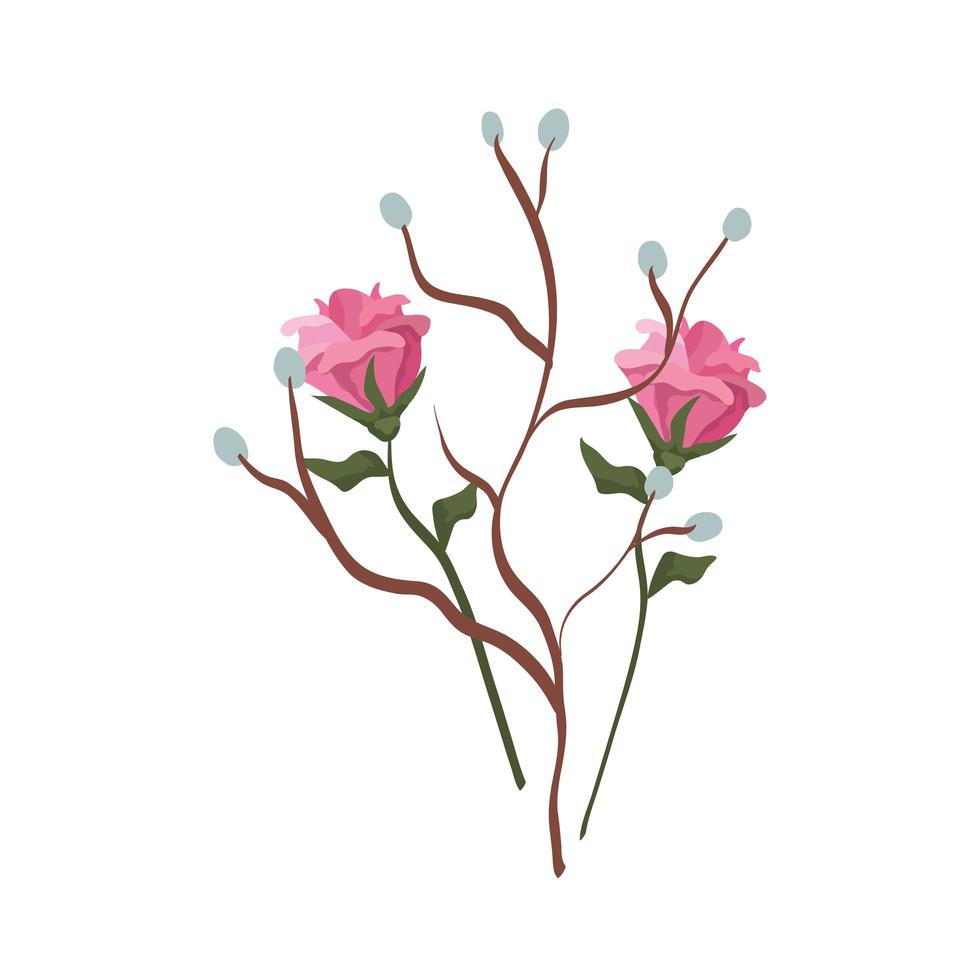 flores fofas com ícone isolado de ramos e folhas vetor