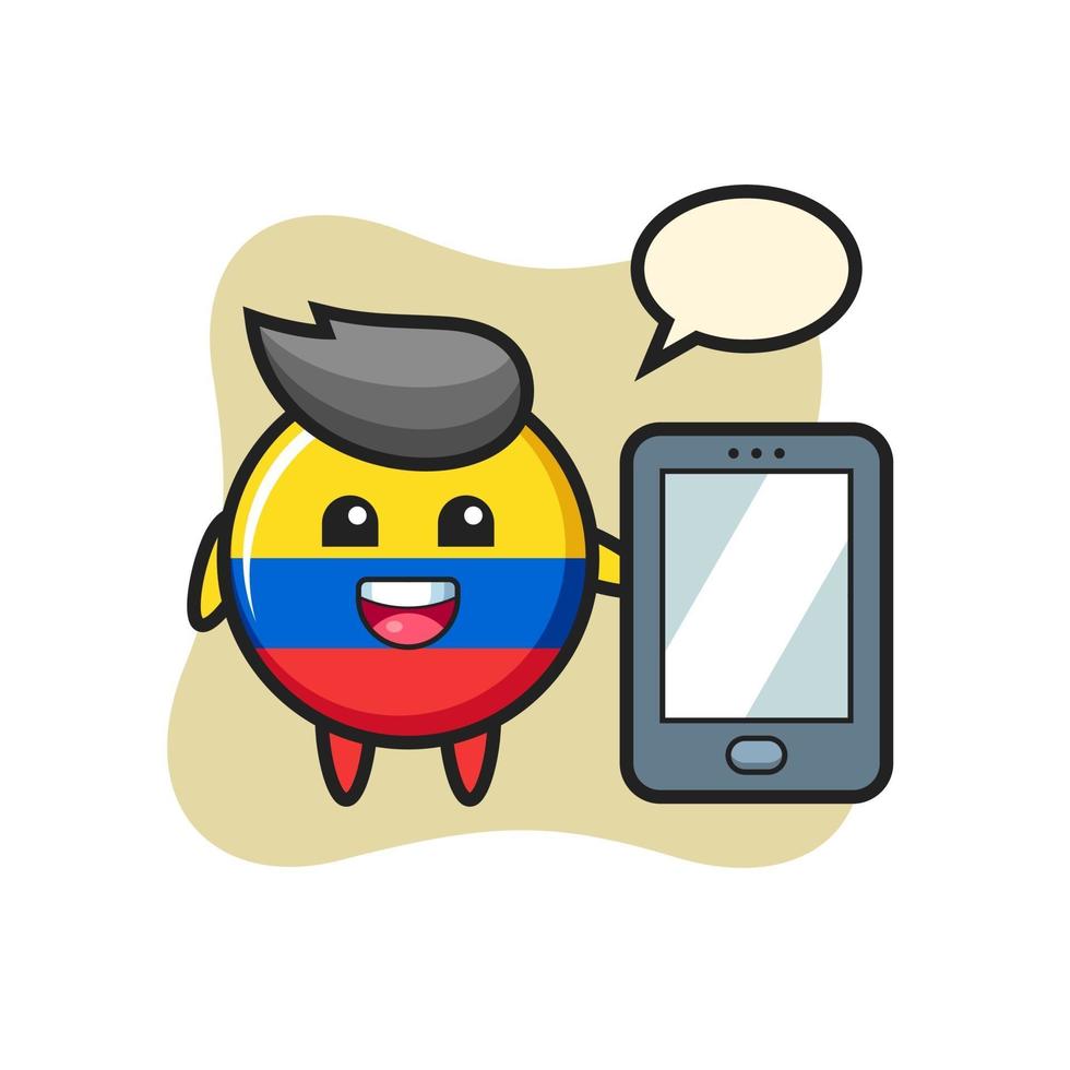 desenho animado da ilustração do emblema da bandeira da colômbia segurando um smartphone vetor
