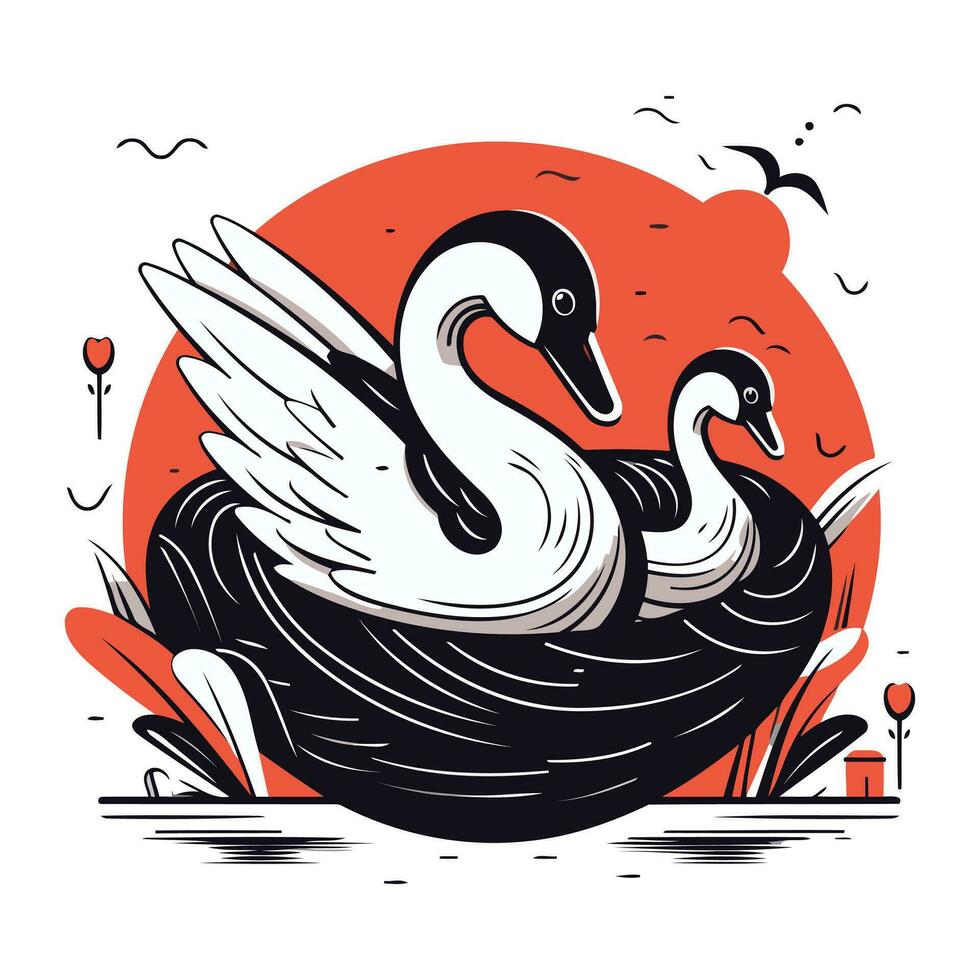 vetor ilustração do uma cisne em uma fundo do uma pôr do sol.