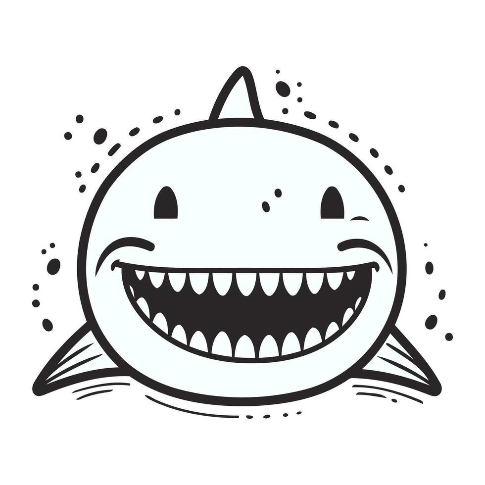 Preto e branco ilustração do uma feliz Tubarão com uma sorrir em dele face. vetor
