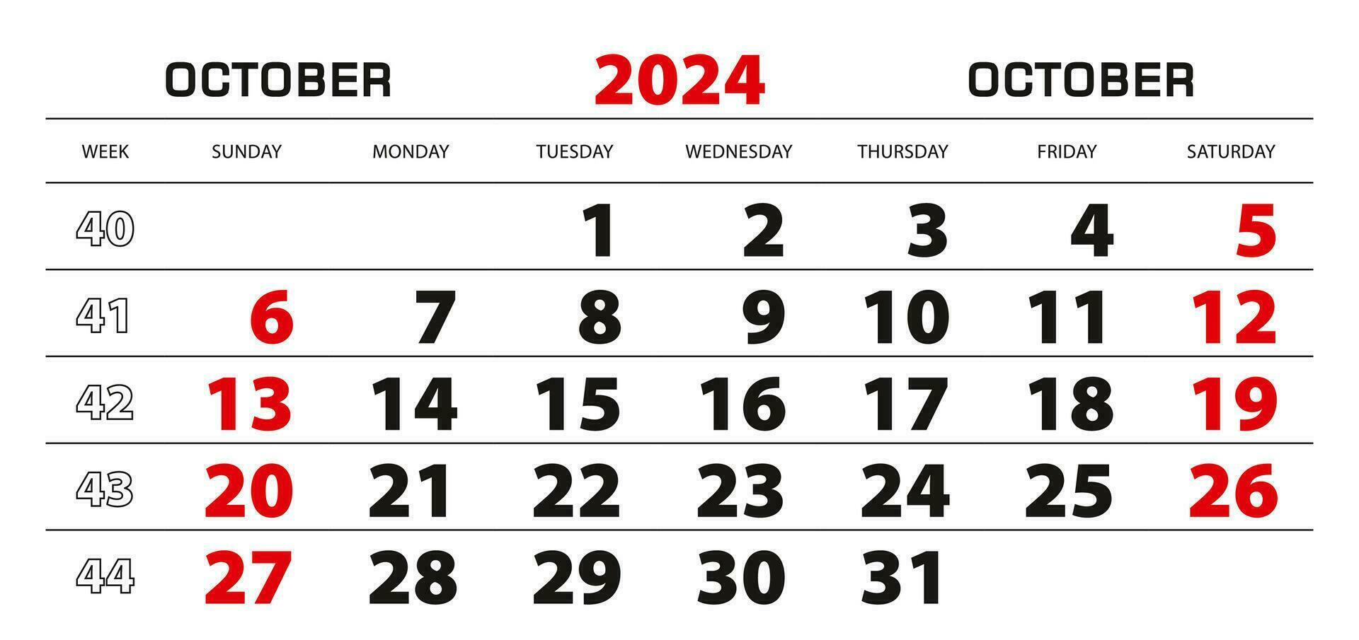 parede calendário 2024 para Outubro, semana começar a partir de Domingo. vetor