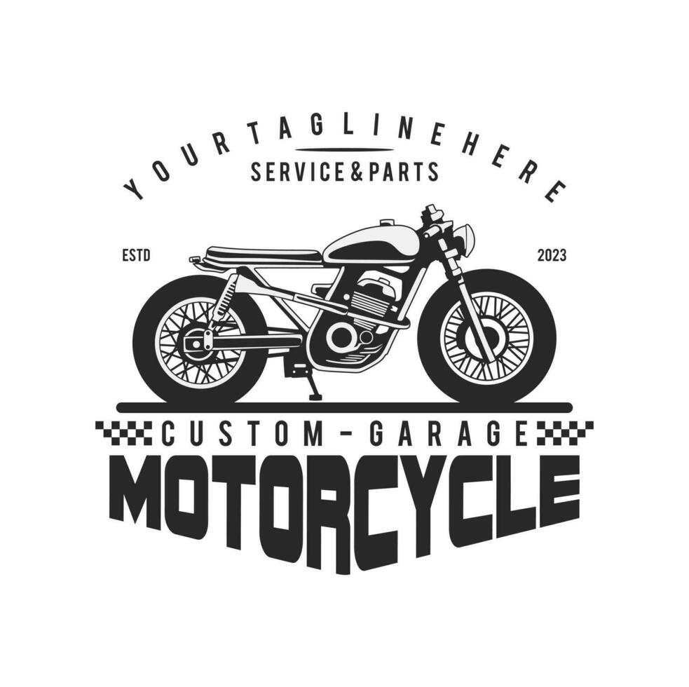 motocicleta personalizadas garagem ilustração, motocicleta serviço e peças. vintage personalizadas motocicleta emblemas, rótulos, Distintivos, logotipos, impressões, modelos. vetor