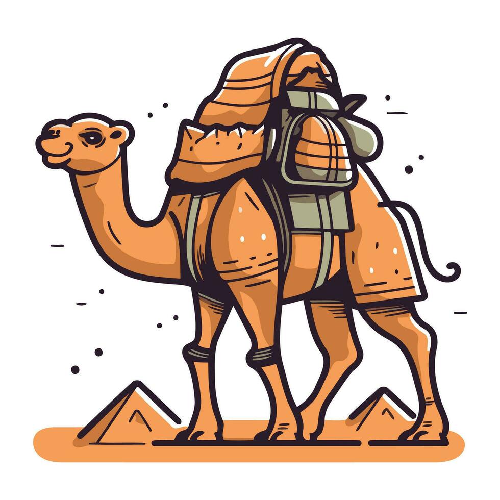 camelo com mochila e pirâmides. vetor ilustração dentro desenho animado estilo.